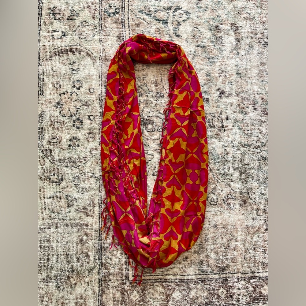 Red, Pink, Brown/Gold Infinity Fringe Scarf
